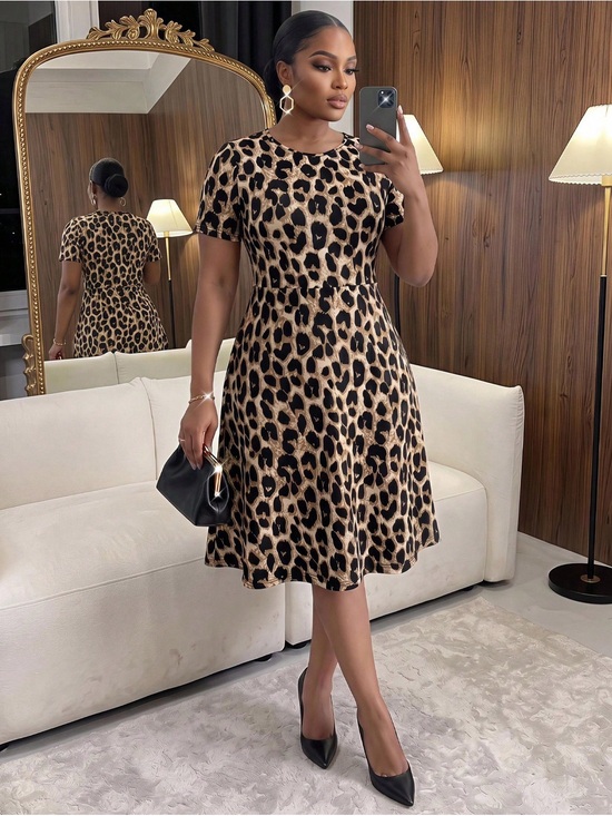 Pants - Leopard Print A-Line Dress - Tan/Black